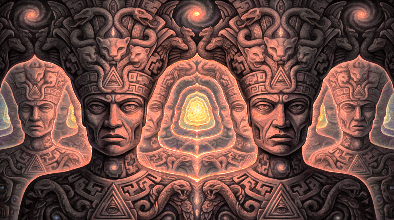 Psychedelic art depicting interconnected faces and patterns symbolizing emotional processing and therapeutic transformation.