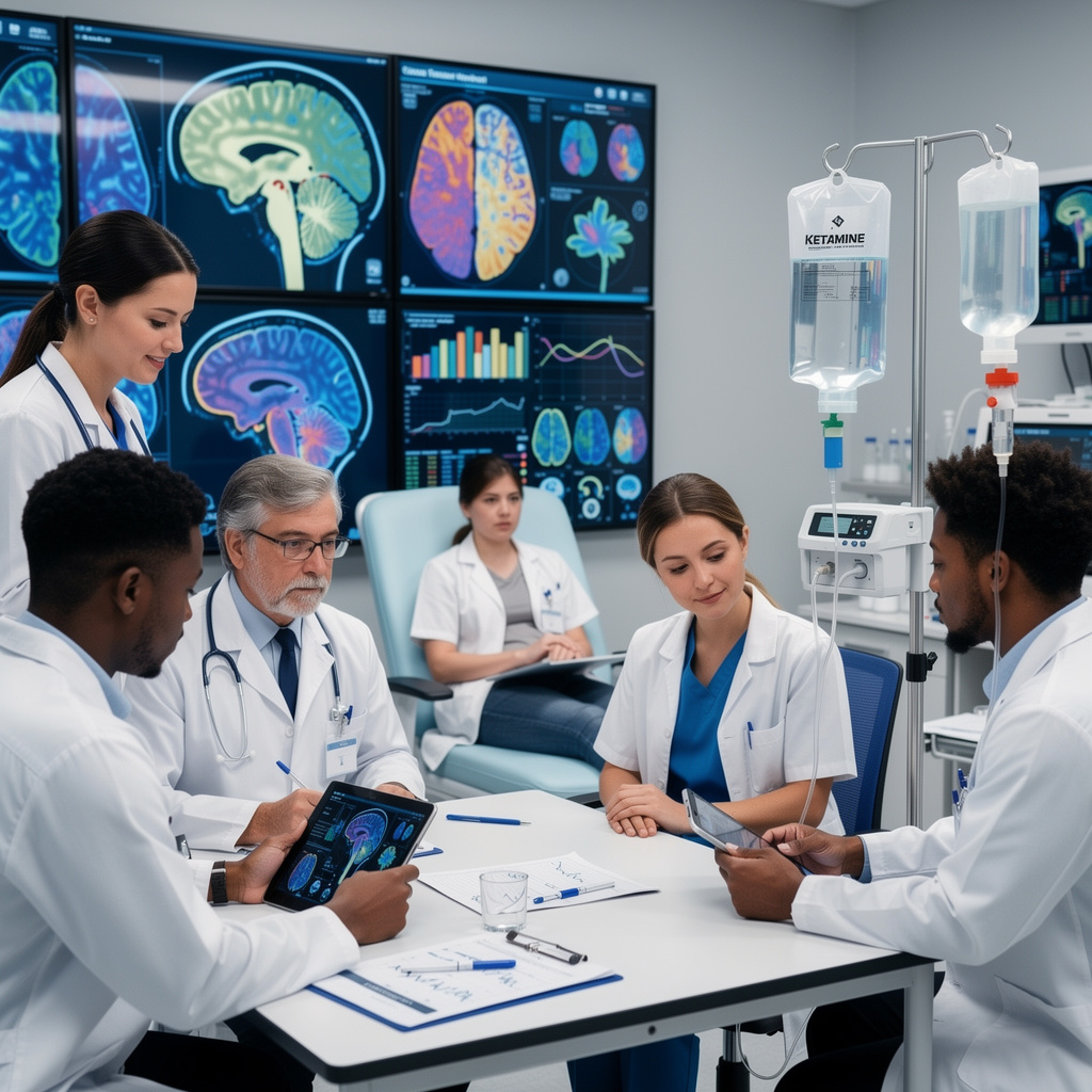 Medical team discussing ketamine therapy and brain scans for mental wellness in Brooklyn, NY.