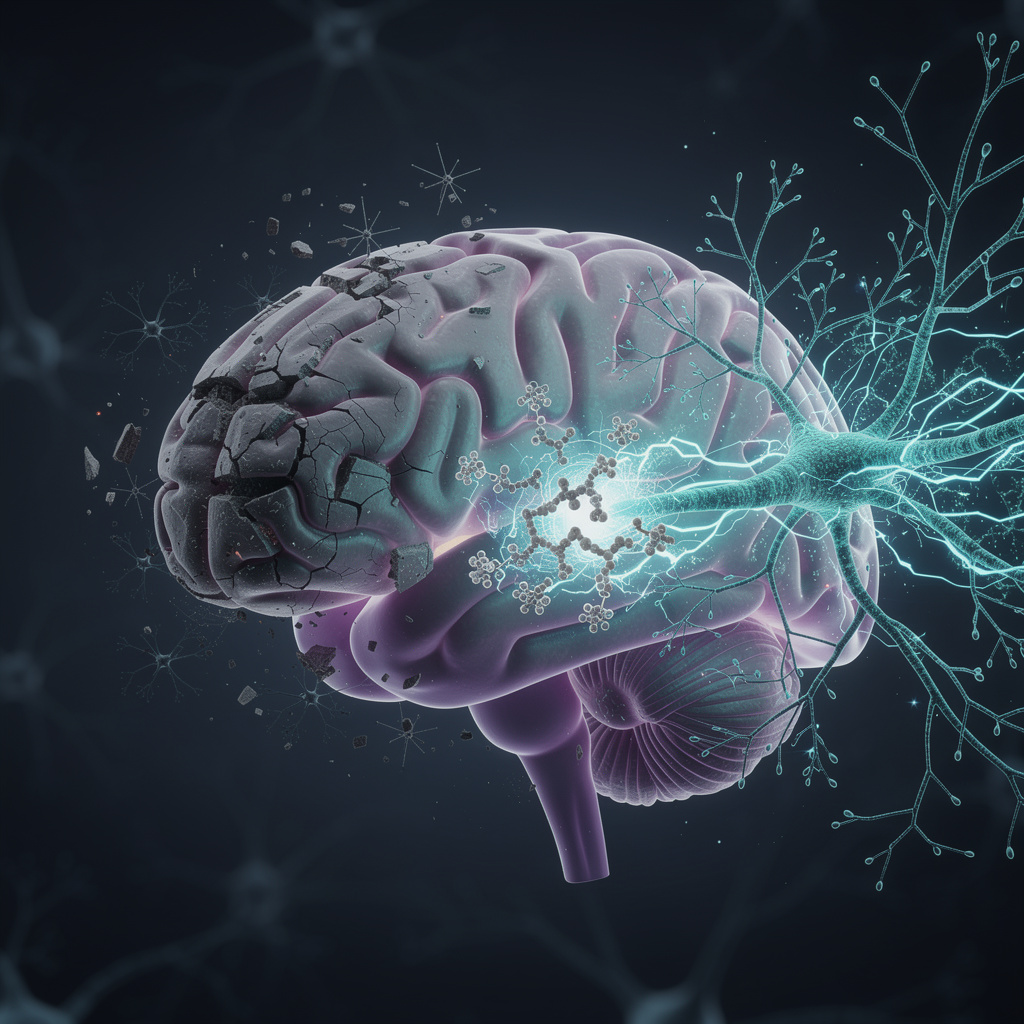 Brain illustration depicting synaptic plasticity and neural connections, showcasing glutamate surge and repair.