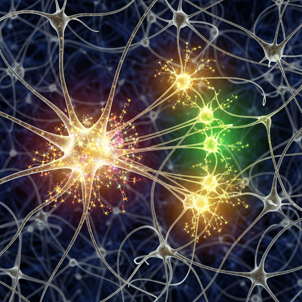 Neural networks and synaptic connections illustrating brain structural connectivity and neuroplasticity.