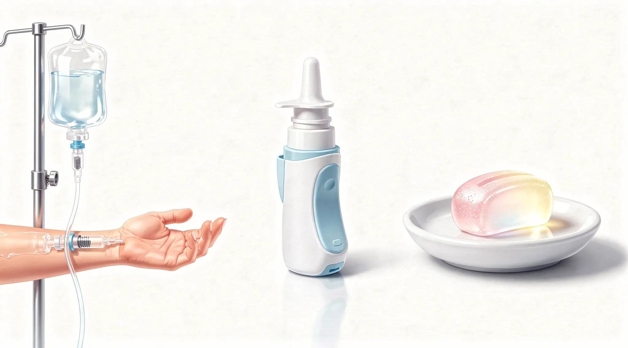 Ketamine administration methods: IV drip, nasal spray, and sublingual lozenge.