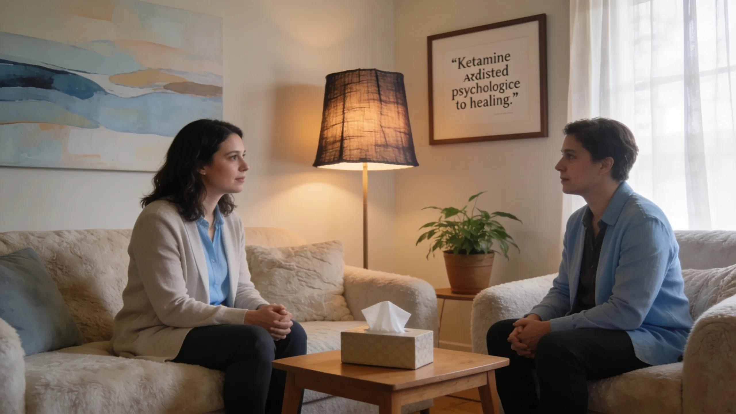 Ketamine-assisted psychotherapy session in Brooklyn, NY, with therapist and patient discussing healing.